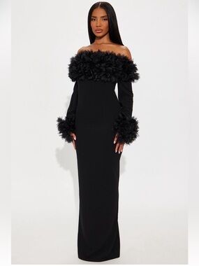 Fashion Nova Last Chance Dress Feather Trim Maxi Dress Black Long Sleeve SIZE S